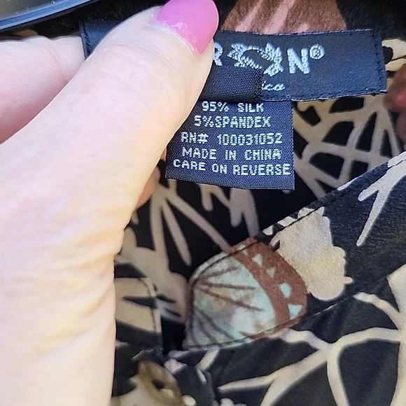 Citron Ladies Large Silk Spandex Sheer Mandarin Collar Black Butterfly Blouse - Picture 4 of 9